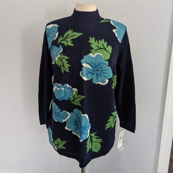 Alfred Dunner Sweaters - Vintage Alfred Dunner Navy Blue with White Flowers Size Small Shoulderpads 90s